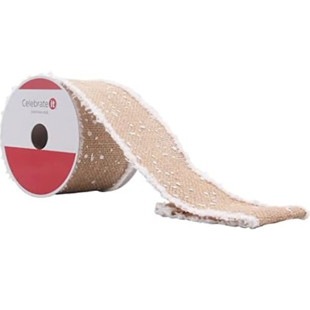Celebrate It Tan Burlap with white faux snow accents WIRED Ribbon 3.5”